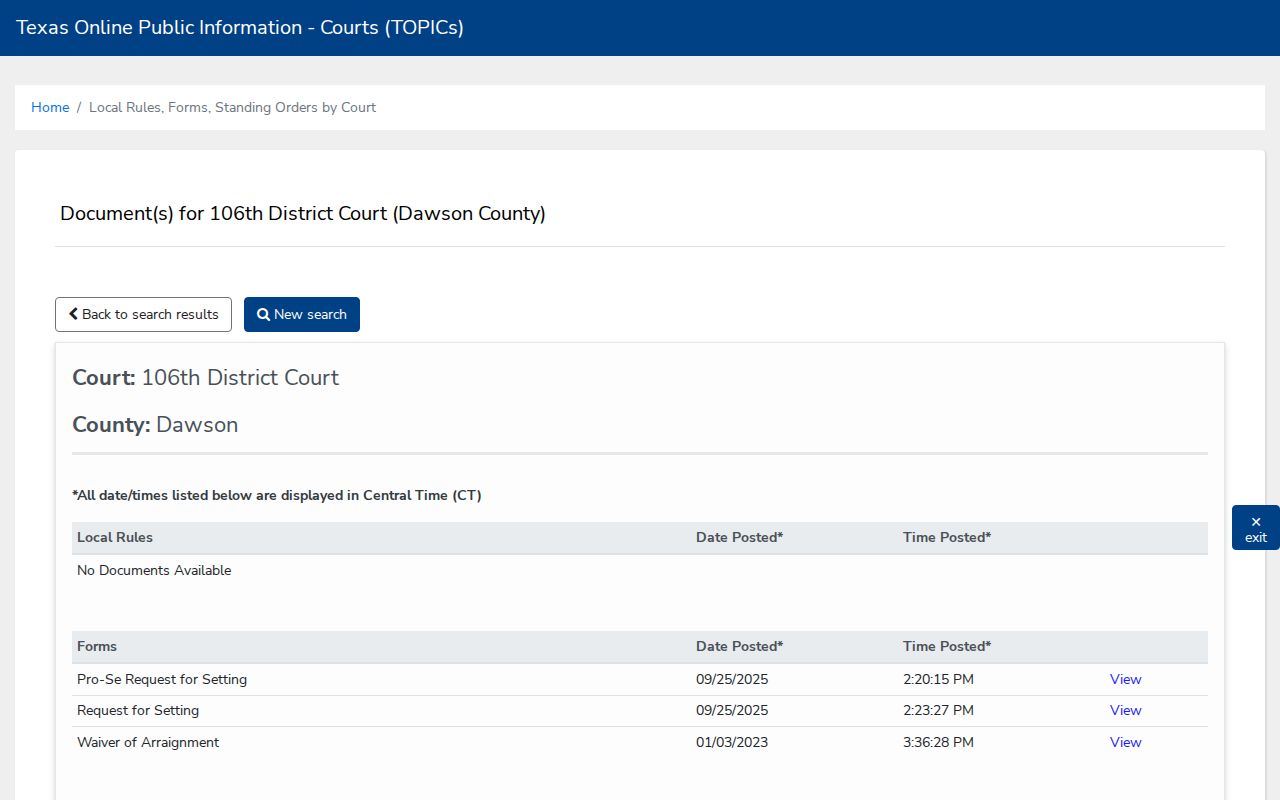 Dawson County 106th District Court forms relevant to bench warrant routing